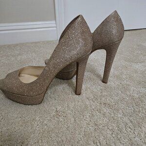 Jessica Simpson Gold Peep Toe Sparkly Platform Heels Size 10 Fit size 9